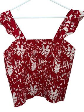 Old Navy Red‎ Floral Smocked Ruffle Top 2X Square Neck Peasant Boho Cottagecore